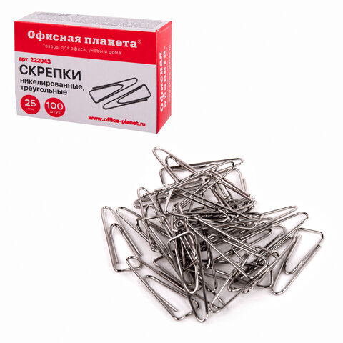 Скрепки ОФИСНАЯ ПЛАНЕТА 25 мм никелированные, треугол., 100 шт., 222043